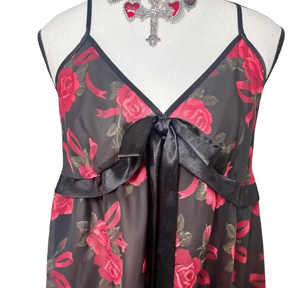 90's y2k vtg. Black Roses Ribbon Baby Doll Sheer Blouse Top‎ Large whimsy goth
